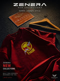 A dark red crewneck t-shirt featuring a yellow and white Thor's hammer graphic on the chest, styled on a dark textured background with a wooden hanger and a Grateva card. Zenera branding is prominent.