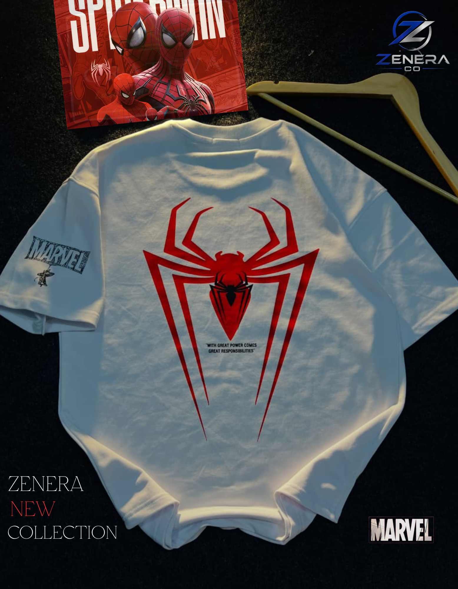 A white Marvel Spider-Man t-shirt laid flat on a dark background, featuring a large red spider logo on the back and a Marvel logo on the sleeve. A Spider-Man poster and a hanger are visible in the background.